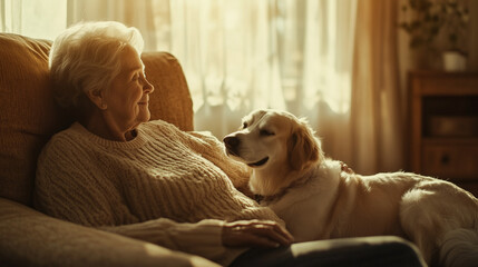 Elderly woman enjoying peaceful moment with golden retriever dog in cozy sunlit living room