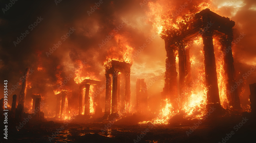 Poster dramatic scene of ancient architectural columns and ruins engulfed in a raging firestorm,with toweri
