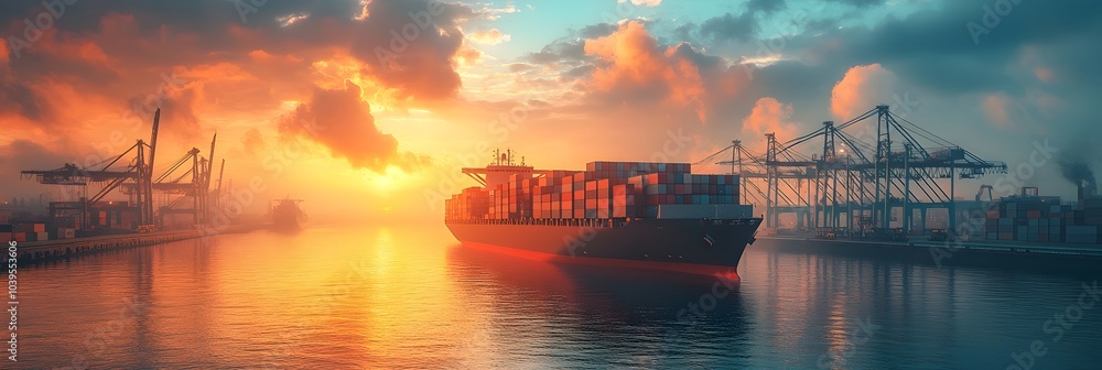 Poster dramatic sunset sky over a busy cargo port with large container ships being loaded and unloaded by t
