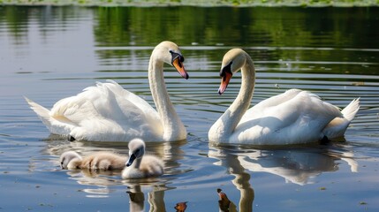 Swans and Cygnets Swimming in Calm Water