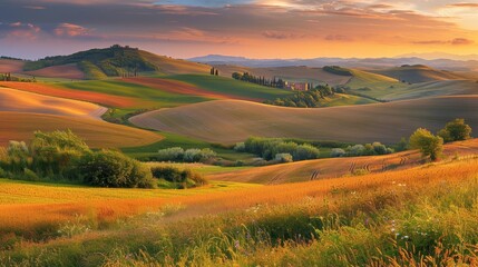 Fototapeta premium Panoramic View of Rolling Countryside at Sunset