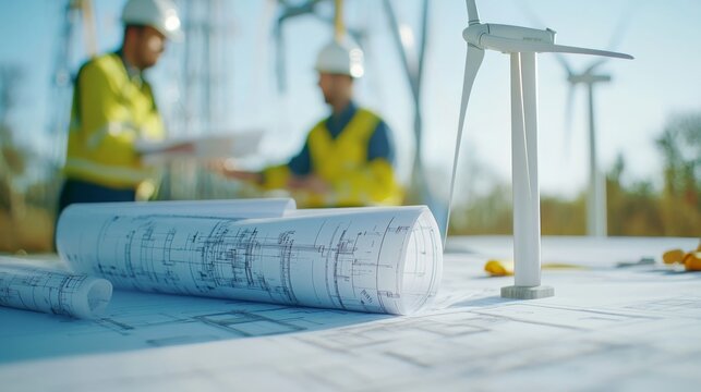 Engineers review blueprints near a miniature wind turbine, symbolizing renewable energy development and collaboration in a sustainable environment.