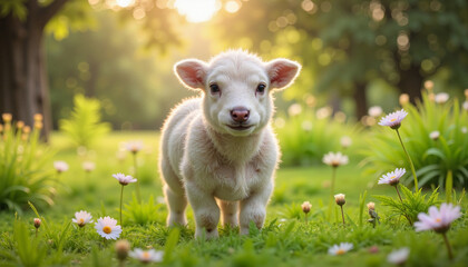 Fototapeta premium Lamb Standing in Flower Field at Sunrise