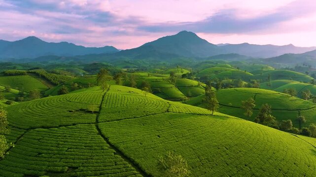 Aerial view of Long Coc tea hills, Phu Tho province, Vietnam. Beautiful green tea plantation in Vietnam. Nature background.