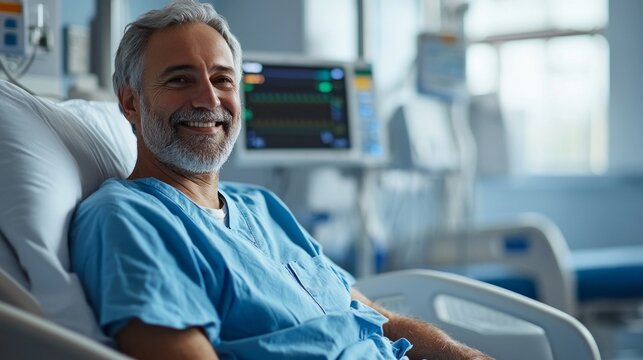 A man in a hospital bed is smiling and wearing a blue hospital gown