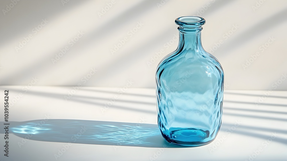Poster elegant and refined transparent blue glass bottle or vase displayed in a minimalist studio setting,c