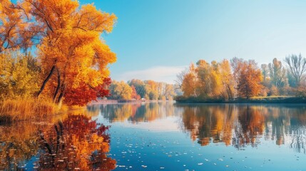 Obraz premium Colorful Autumn Riverside Scene with Reflection