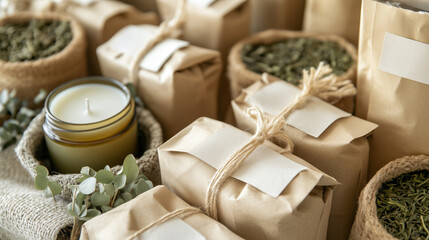 Close-up view presents eco-friendly packaging filled with artisanal goods, including hand-poured candles, herbal teas, and cloth bags for reuse