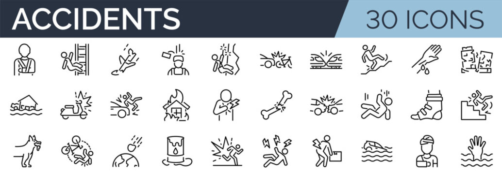 Set of 30 outline icons related to accidents. Linear icon collection. Editable stroke. Vector illustration
