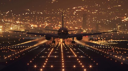 Airplane Landing in City Lights