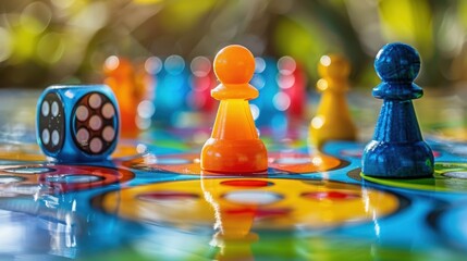 Colorful game pieces and dice on a vibrant board, joyful playtime setting.