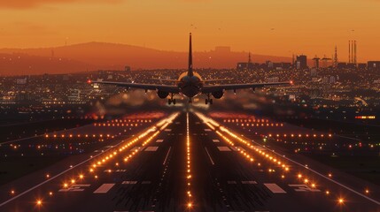 Airplane Landing on Runway at Sunset