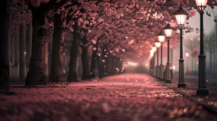 Cherry Blossom Path Under Street Lights