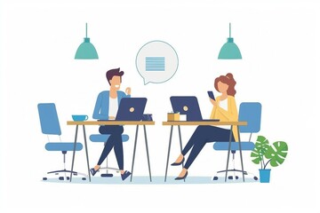 two people sitting at a table with laptops