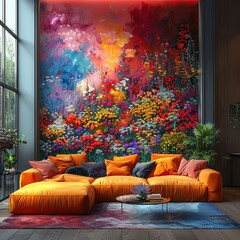 Realistic home, living room interior painting an abstract flowers bright colors on the wall.