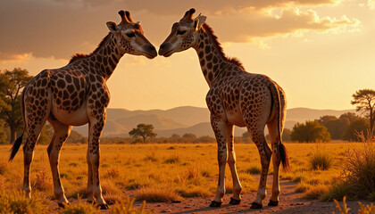Two Giraffes Nuzzling in African Savannah at Sunset