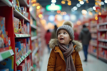 A child excitedly exploring toys in a department store, surrounded by colorful shelves and festive decorations, with twinkling lights and blurred shoppers in the background