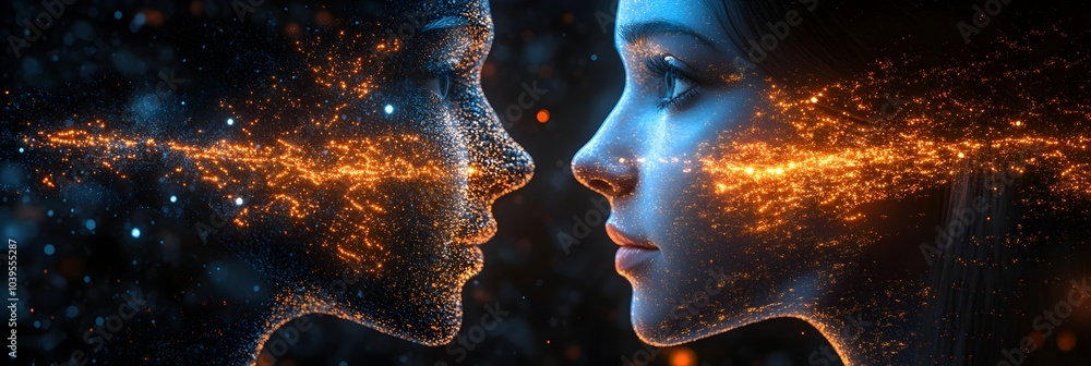 Poster ethereal digital art piece showcasing an intimate connection between two glowing,profile faces set a