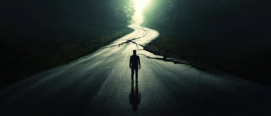 A solitary figure stands on a winding, dark road illuminated by a distant light, creating an aura of mystery and introspection.