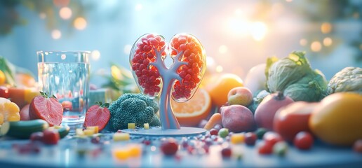 A kidney model surrounded by healthy foods, including fruits, vegetables, and a glass of water.