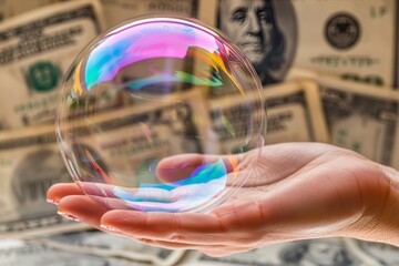 Hand popping soap bubbles amidst flying dollars illustrating economic default and financial crisis