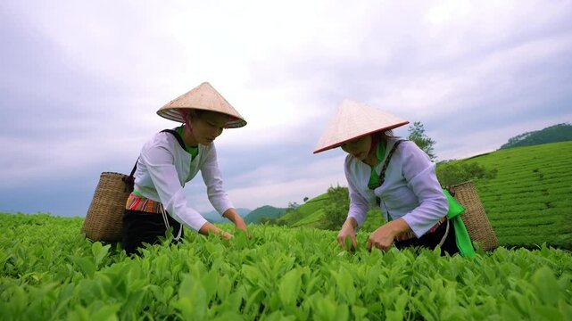 An ethnic Muong woman harvesting green tea on Long Coc tea hill, Phu Tho province, Vietnam