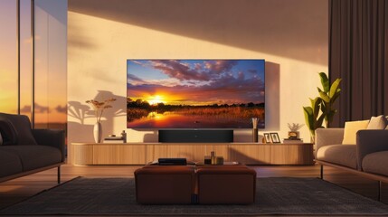 Modern Living Room with Sunset View on TV
