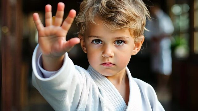 Young karateka making stop gesture with hand