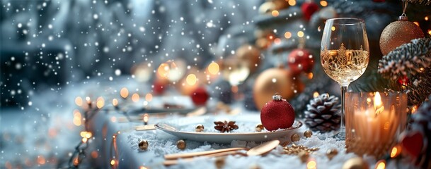 Grand festive table setting with elegant dishes, sparkling champagne glasses, and festive decorations like Christmas ornaments, fir branches, gift boxes, and gold decor. Perfect for celebrating the se