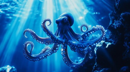 Fototapeta premium A large octopus swims in a blue, sunlit underwater environment.