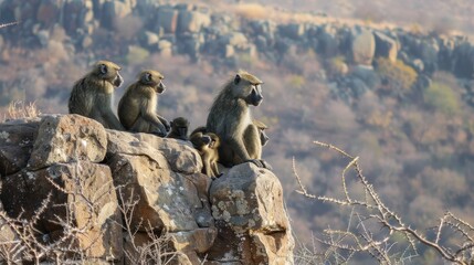 Obraz premium Baboons Grooming Each Other on a Rock
