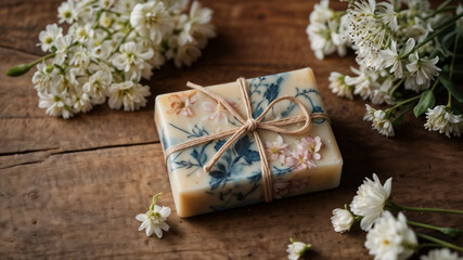 Beautifully packaged soap with a floral ornament lies on a wooden surface surrounded by delicate flowers, skin care cosmetics, an eco-friendly bar of soap