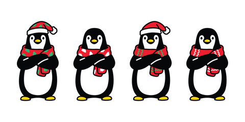 penguin vector christmas tree santa claus hat icon knitting scarf bird logo cartoon character doodle illustration symbol design isolated