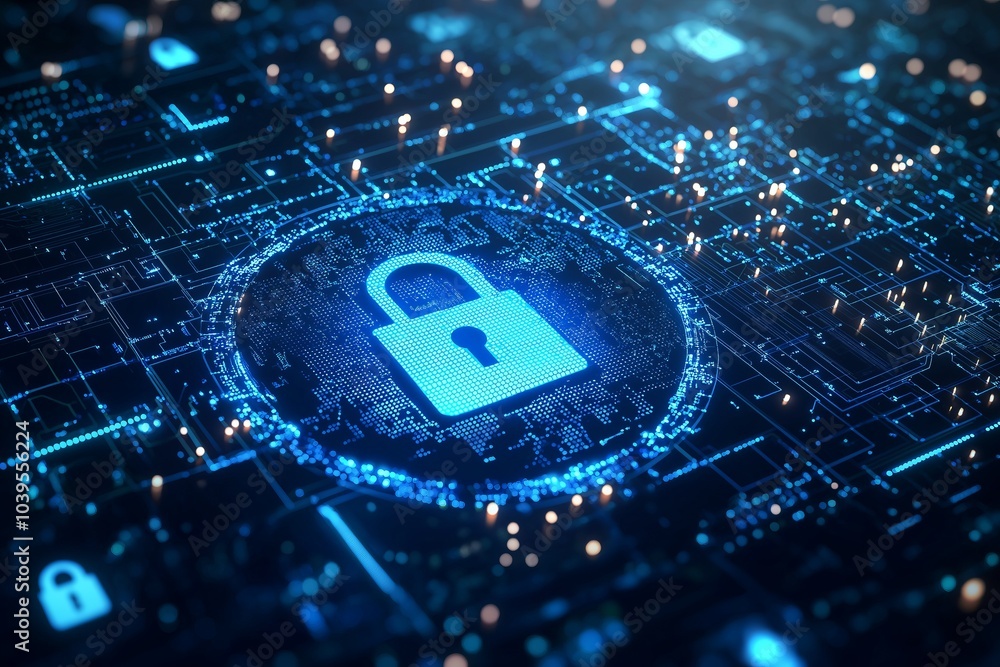 Poster digital padlock glowing on circuit board protecting data