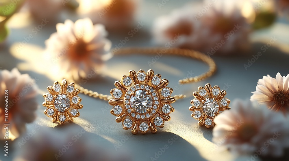 Poster elegant 3d gold necklace a radiant gemstone locket and matching earrings set on a neutral background