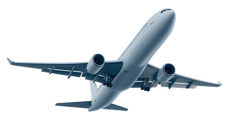 Airplane isolated on white background. Travel background with isolated flying airplane, commercial airplane in the flight isolated on transparent