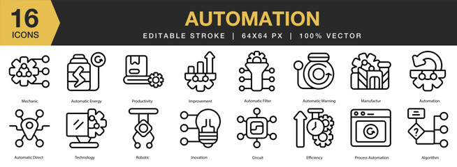 Automation icon set. Editable Stroke Icon Collection. Includes algorithm, direct, energy, filter, warning, and More. Outline icons vector collection.