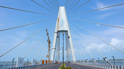 Fototapeta premium View of the newly built Sudarshan Setu, a cable-stayed bridge inaugurated in February 2024, Okha, Devbhoomi Dwarka, Gujarat, India.