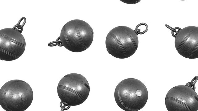 Wrecking Balls Falling Against a White Background. Metal Ball with Chains. 4K