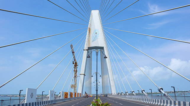 View of the newly built Sudarshan Setu, a cable-stayed bridge inaugurated in February 2024, Okha, Devbhoomi Dwarka, Gujarat, India.