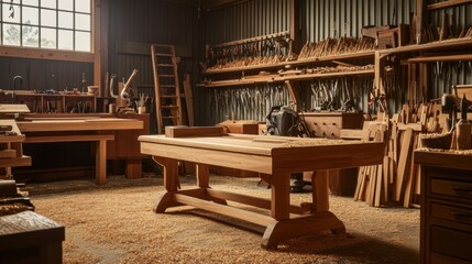 A serene woodworking workshop with hand tools and finely crafted furniture, Woodworker's bench surrounded by sawdust and wood shavings, Artisan woodworking style