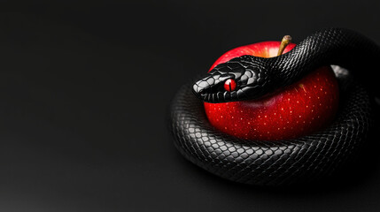 Obraz premium black snake is coiled around shiny red apple, creating striking contrast against dark background. scene evokes sense of intrigue and mystery