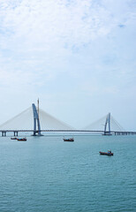 View of the newly built Sudarshan Setu, a cable-stayed bridge connecting Bet Dwarka Island to Okha, Okha, Devbhoomi Dwarka, Gujarat, India.