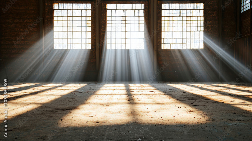 Poster abandoned factory interior with sunlight streaming through large windows, creating serene atmosphere