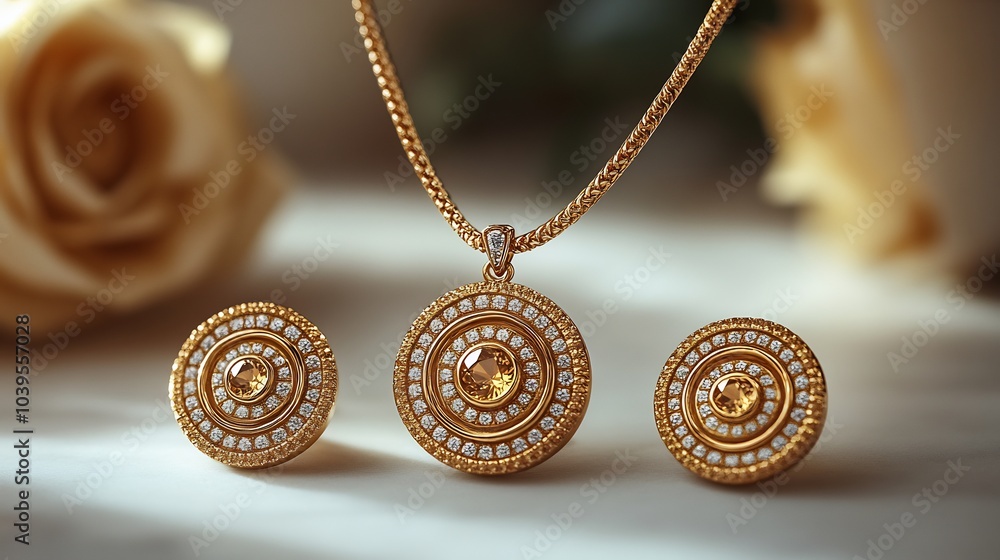 Poster elegant 3d gold necklace a radiant gemstone locket and matching earrings set on a neutral background