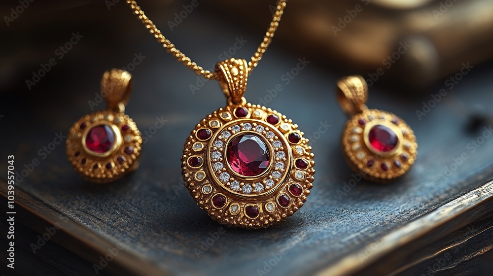 Aufkleber elegant 3d gold necklace a radiant gemstone locket and matching earrings set on a neutral background