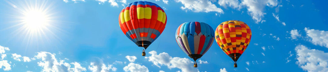 Naklejka premium Vibrant Hot Air Balloon in the Sky: Scenic View with Cloudy Backdrop