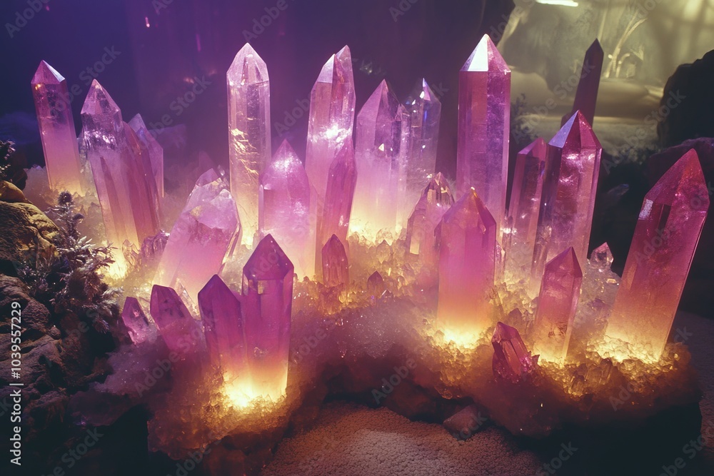 Poster Violet crystal formations emit a warm and inviting glowing light, creating an ethereal and visually striking contrast against a shadowed background.