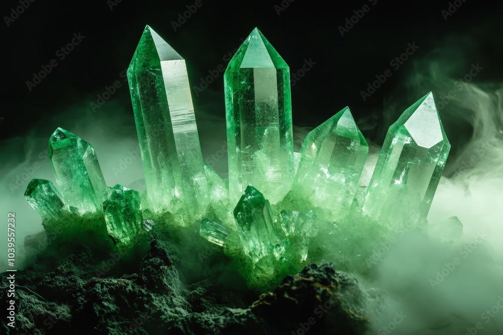 Poster a stunning display of large, glowing green crystal formations set amidst a swirling smoky mist, crea