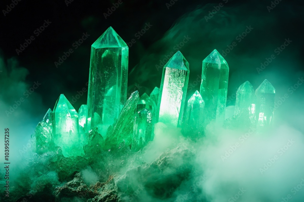 Poster a group of mystical green crystals set against a backdrop of enveloping fog, emitting a captivating 